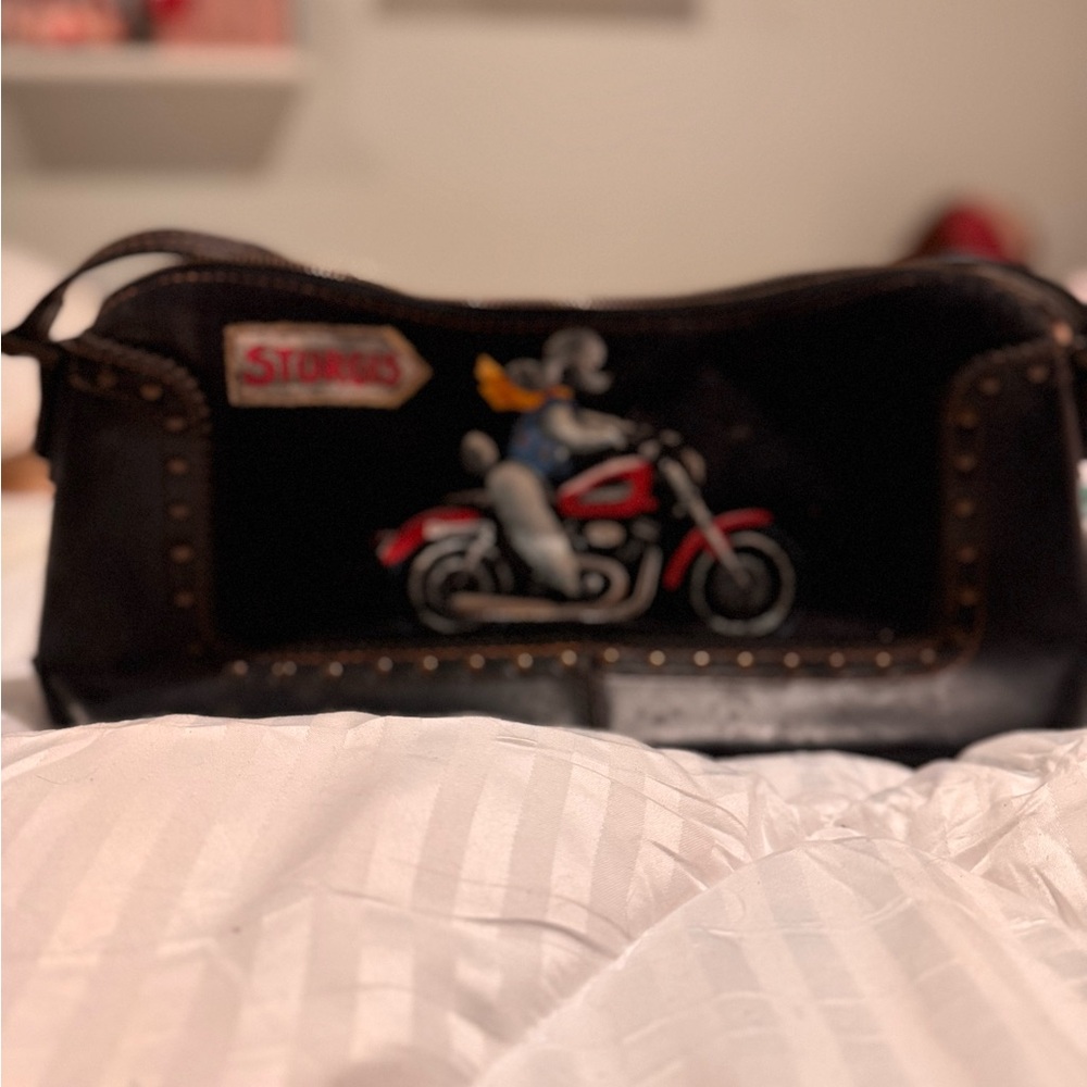 Black Suede & Studs Bag  Hand Painted White Poodle on Harley Motorcycle STURGIS